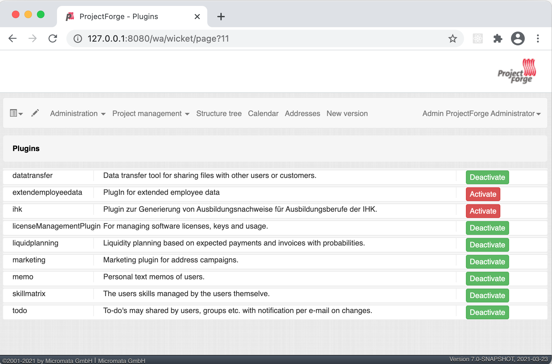 Activation of built-in plugins (Menu Administration → Plugins)