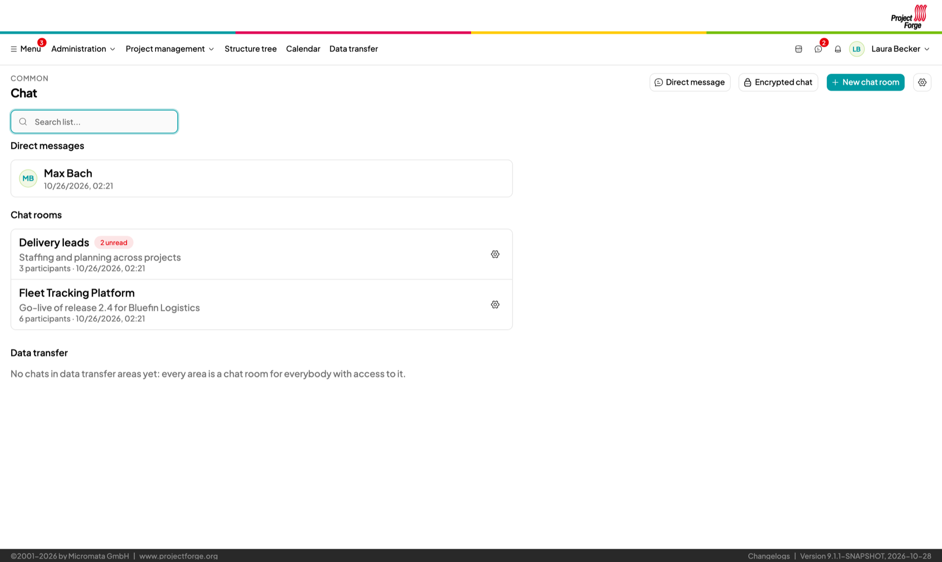 Rooms and direct messages with unread badges