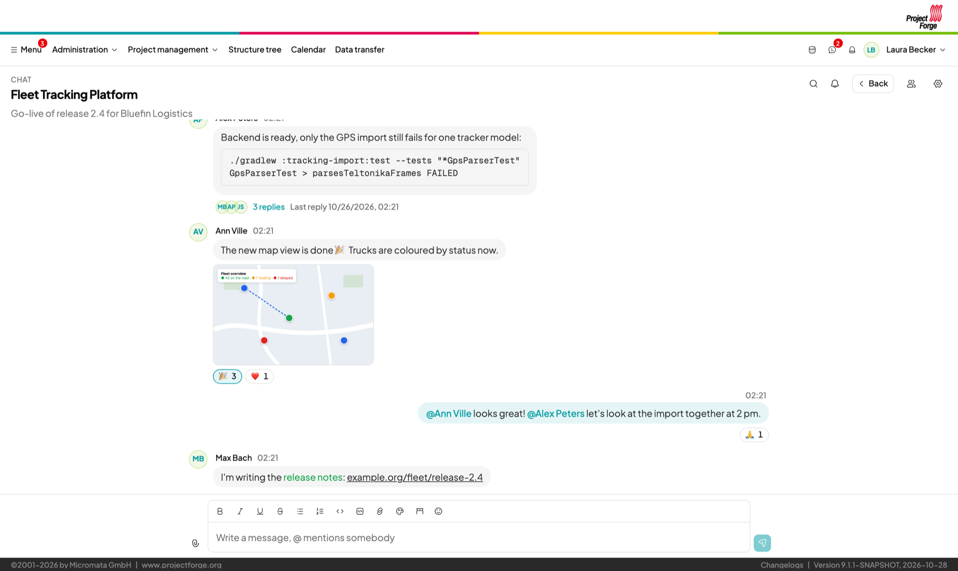 A project room with code, an image, reactions and a thread