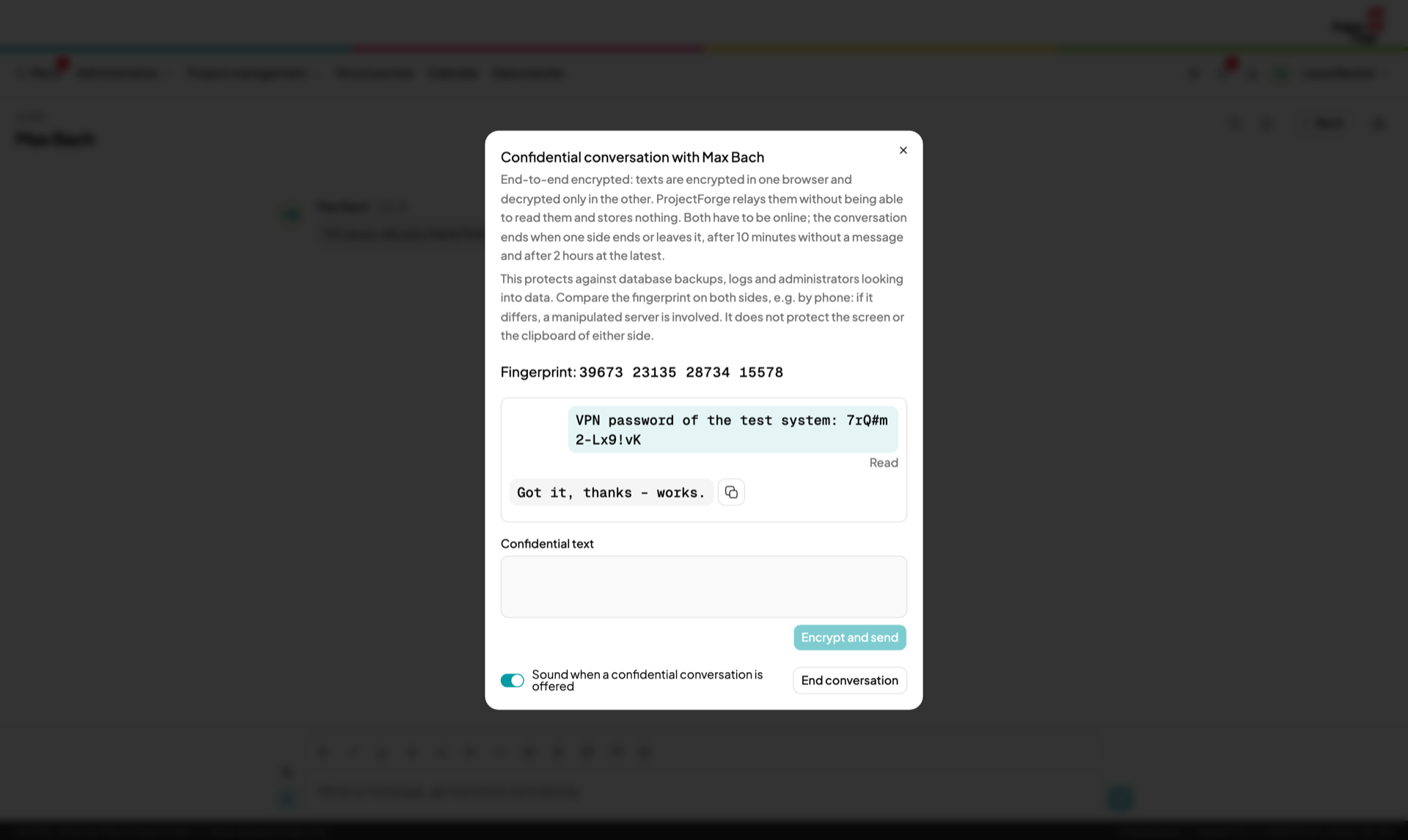 A confidential conversation, end-to-end encrypted, with its fingerprint